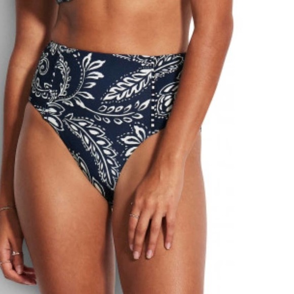 NEW Seafolly Folklore‎ High Waisted Swim Bottom US 6 Navy White NWT - Picture 1 of 11